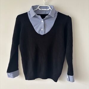 BNWT Preppy Black Sweater with Blue Striped Shirt Collar Cuffs Layered Look o/S